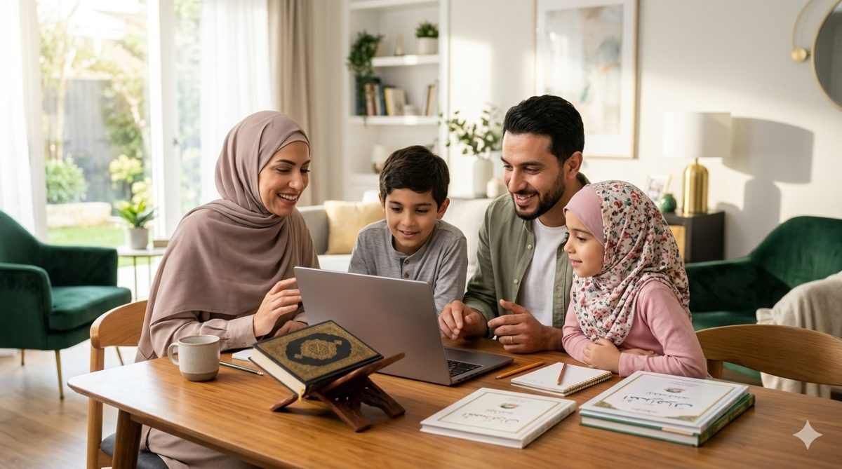 أسرة مسلمة تتعلم أونلاين في المنزل